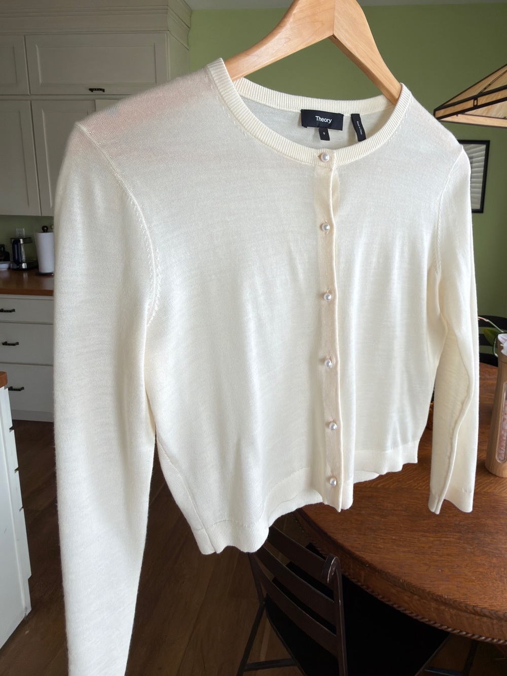 Theory Merino Cream Button-Up Crewneck Cardigan Size S - Picture 8 of 8